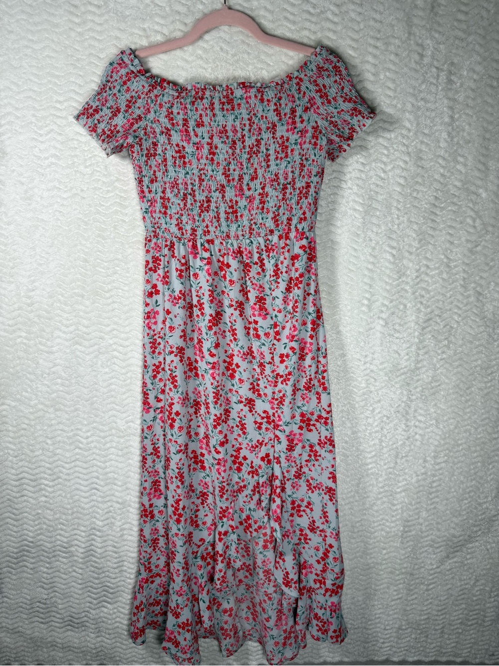Crystal Doll Light Blue Maxi Dress with Red Floral Print